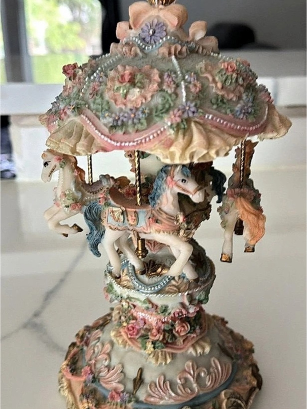 Oriental Furniture Floral Carousel Figurine Green & Pink